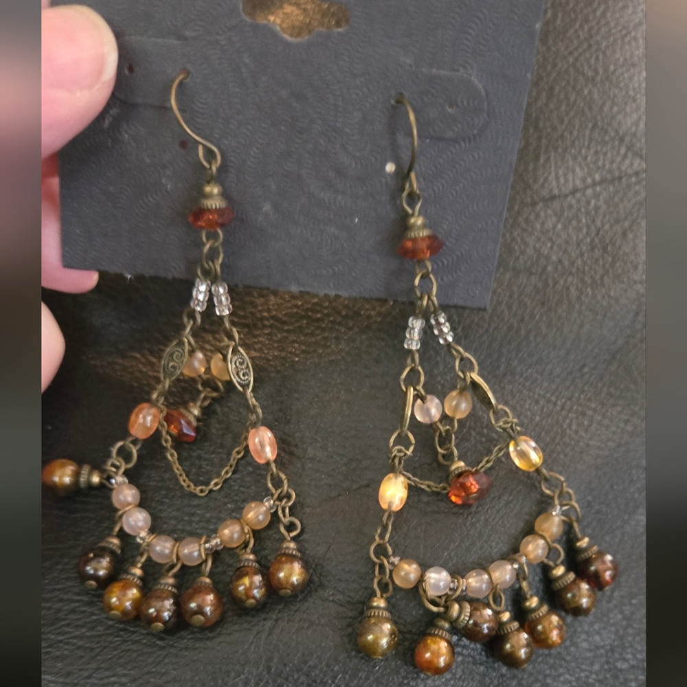 Charles Klein Orange & Gold Beaded Antiqed Chandelier Earrings - Picture 3 of 4
